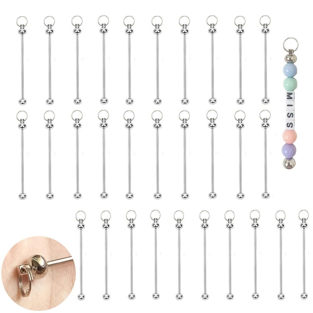 5483 30pcs Beadable Keychains DIY Set, Metal Sliver Blank Keychains Bars